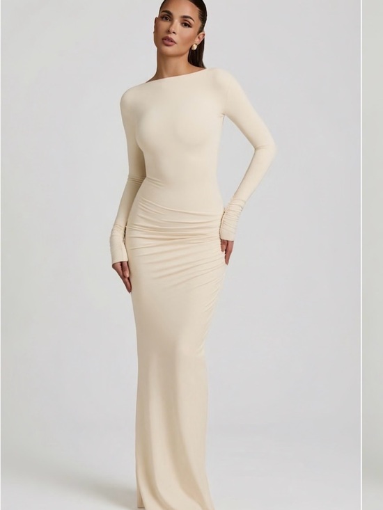 Dresses & Skirts - Women's Long Sleeve Cream Bodycon Maxi Dress